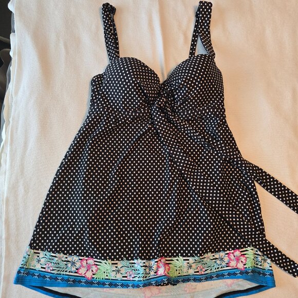 Coco Reef One Piece Black White Polka Dot Flower Trim Swim Dress Suit Size 32 34 - Picture 4 of 16